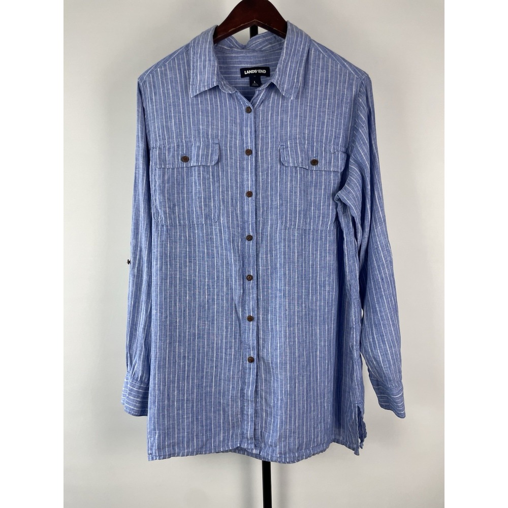 Lands' End Light Blue White Striped Linen Button‎ Down Tunic Women's Size L